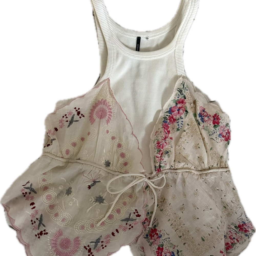 Anthropologie Pieced Scarf Hanky Tank Top Size XS Pinks, Neutrals,Embroidery